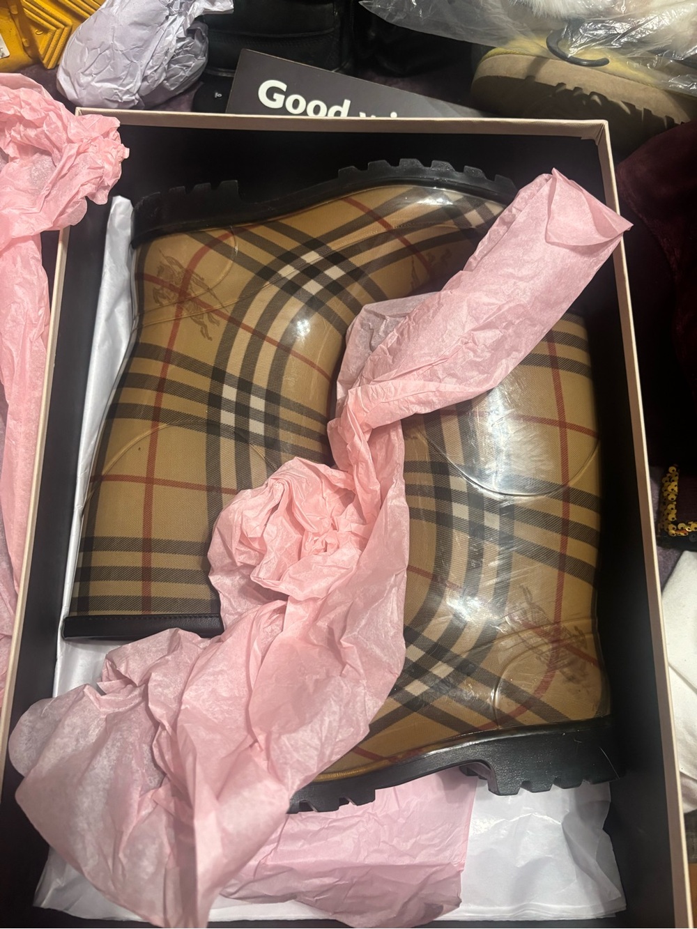 Burberry Beige Plaid Glossy Rain Boots